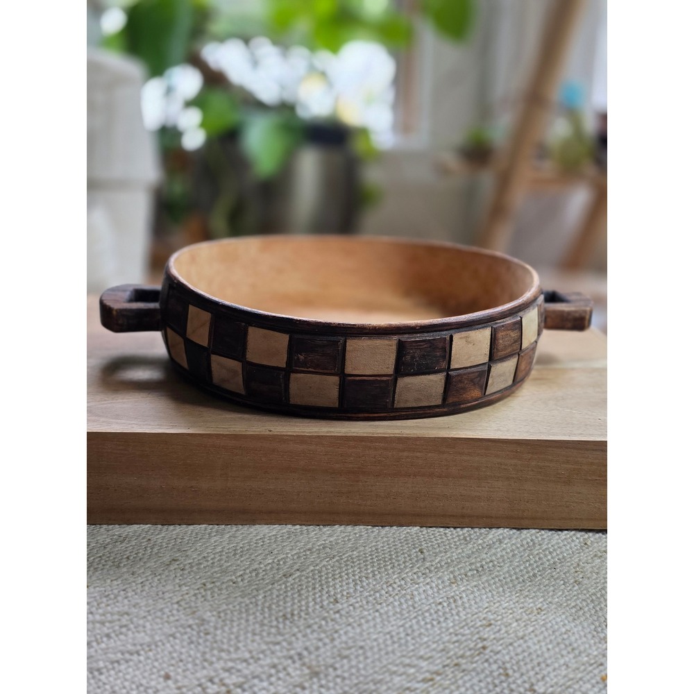 Vintage Tanzania Hand Carved Wooden Bowl Checkered Pattern Decorative Tray 8.5in